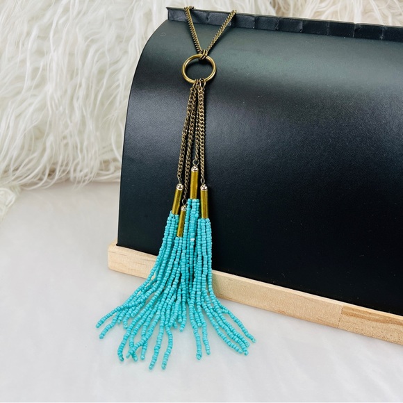 Bohemian southwestern chic aged brass tone blue beaded fringe long necklace - Picture 5 of 8